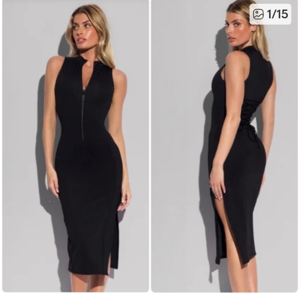 TA3 Black Sleeveless Surfy Zip Front Lace Up Back Shapewear Dress Size XS NWT